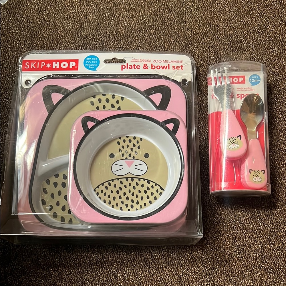 Skip Hop Pink & Beige Leopard Kids Plate, Bowl and Utensil Set